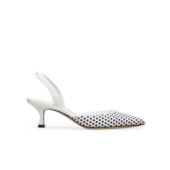 NWT: MANOLO BLAHNIK | White with Black Polkadots Carolyne Kitten-Heel Pumps - Picture 5 of 11